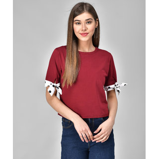                       Raabta Maroon Half Sleeve White Dott Knot Top                                              