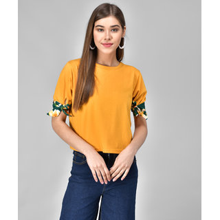                       Raabta Mustard Half Sleeve Green Print Knot Top                                              