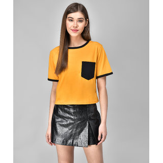                       Raabta Mustard Tee With Black Pocket Half Sleeves                                              