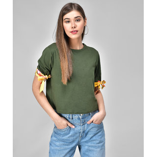                       Raabta Rama Green Half Sleeve Yellow Print Knot Top                                              