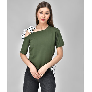                       Raabta Rama Green Single Shoulder  Waist Knot Top                                              