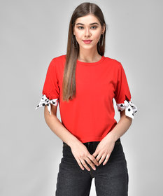 Raabta Red Half Sleeve White Dott Knot Top