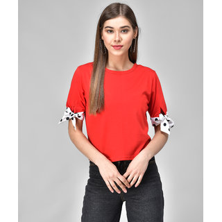                       Raabta Red Half Sleeve White Dott Knot Top                                              