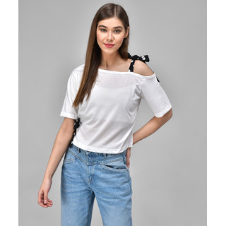                       Raabta White Single Shoulder  Waist Knot Top                                              