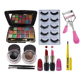                       Eye makeup Combo(18eyeshadow,5pcs lashes,lashes curler,blackbrown eyelinergel,pink  red lipstick,kajal(SDL210092)                                              