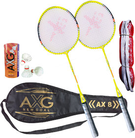 AXG NEW GOAL Inevitable Badminton Set Of 2, 3 Feather Shuttles, Net  Cover Badminton Kit