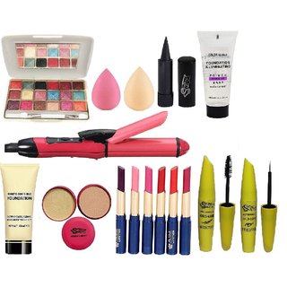 Swipa all in one makeup combo SDL210028(18 colour eyeshadow, hair straightener, foundation(60ml), primer, kajal, 6pc