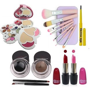 Swipe Beauty combo set (3957makeup kit,7pcs brush,kajal,pink-red lipstick,black-browm eyelinerl) Sdl210096