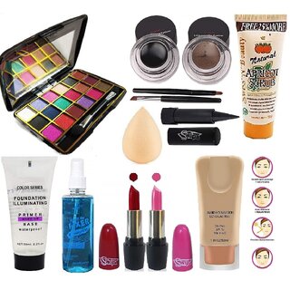                       Swipa stylish beauty makeup combo kit SDL210042-18colour eyeshadow, black  brown gel eyeliner, scrub, primer, fixer, re                                              