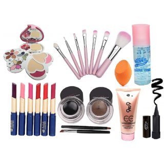                       Complete makeup combo 3957,7brush,fixer,6 pcs lipstick,black - brown eyeliner gel,cc cream,puff,kajal)-SDL210099                                              