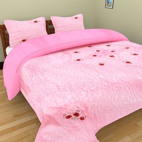 RED ROSE EMBROIDERED 4PC PINK BEDDING FLORAL SATIN/SILK SET (1 BEDCOVER 1 QUILT 2 PILLOW COVERS)