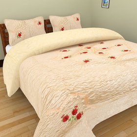 RED ROSE EMBROIDERED 4PC BEDDING CREAM FLORAL SATIN/SILK SET (1 BEDCOVER 1 QUILT 2 PILLOW COVERS)