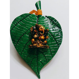 KESAR ZEMS Polyresin Lord Ganesha On Leaf For Good Luck Decorative Showpiece (9 x 3 x 14 Cm,Green)