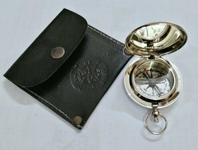 Brass chrome finish compass lid push button Leather cover Gift