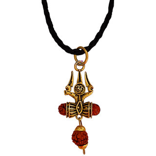                       Sullery Lord Shiv Mahadev Trishul Damaru Word  Panchmukhi Rudhrasha Bead Locket Chain  Gold  Brass Pendant                                              