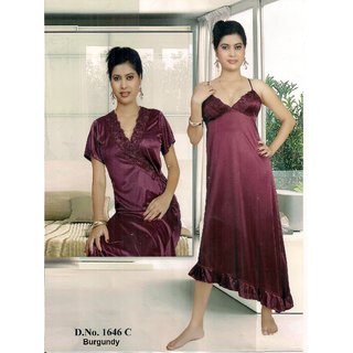                       women's 2pc Sleepwear set Nighty  Over Coat 1646C Maroon Night dress new bed fun Daily  Nightie  Robe                                              