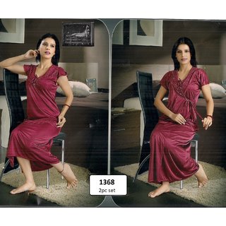                       women's 2pc Sleepwear set Nighty  Over Coat 1368 Maroon Night dress new bed fun Daily  Nightie  Robe                                              