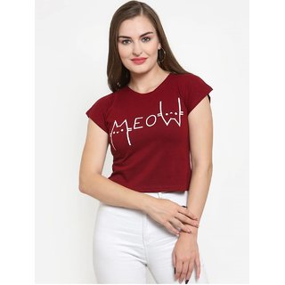                       Vivient Women Maroon Meow Printed Crop Top                                              