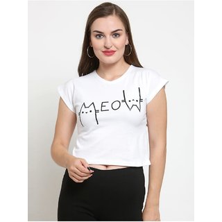                       Vivient Women White Meow Printed Crop Top                                              