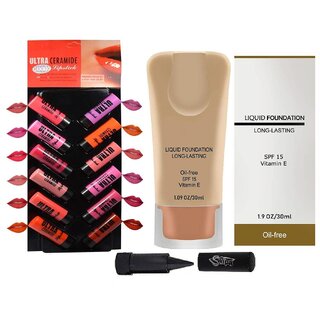                       Swipa Ultra Ceramide Matte Lipstick, Multicolor - Pack of 12 with liquid foundation(30),kajal-0018                                              