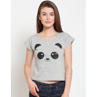                       Vivient Women Grey Smiley Panda Face Printed Crop Top                                              