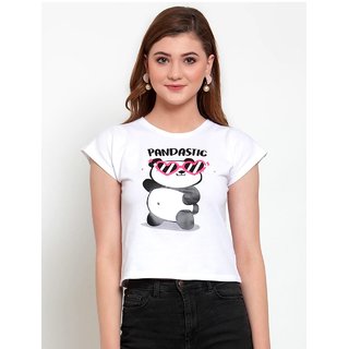                       Vivient Women White Pandastic  Printed Crop Top                                              