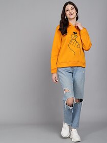 Raabta Fashion Women Mustard Heart Print Hooded Sweatshirt