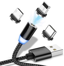 3 in 1 Nylon Braided Magnetic 360 Degree 2.4A USB Fast Charging Data Cable with LED Light for All Phones(Black)