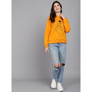 Raabta Fashion Women Mustard Heart Print Hooded Sweatshirt