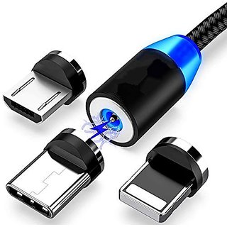 3 in 1 Magnetic USB Charging Cable 2.4 A Fast Charging Micro Type C with Charging Indicator LED Light (Black)