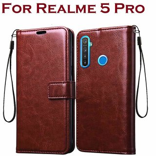                       Vintage Flip Cover Leather Case Inner TPU, Leather Wallet Stand for OPPOREALME 5PRO (Brown)                                              