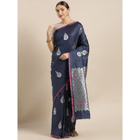 Vastranand Navy Blue & Silver-Toned Silk Blend Woven Design Banarasi Saree
