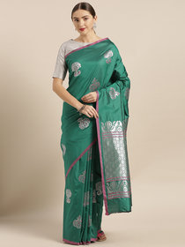 Vastranand Green & Silver-Toned Silk Blend Woven Design Banarasi Saree