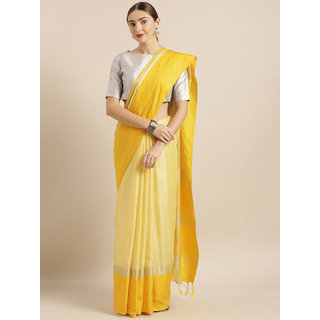                       VASTRANAND Yellow Solid Linen Blend Saree                                              