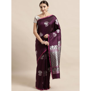                       Vastranand Burgundy Silk Blend Woven Design Banarasi Saree                                              