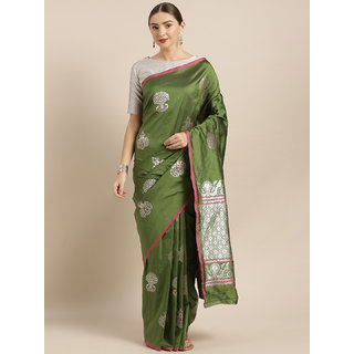                       Vastranand Olive Green Silk Blend Woven Design Banarasi Saree                                              