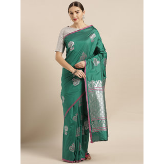 Vastranand Green & Silver-Toned Silk Blend Woven Design Banarasi Saree