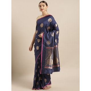 Vastranand Navy Blue & Gold-Toned Silk Blend Woven Design Banarasi Saree