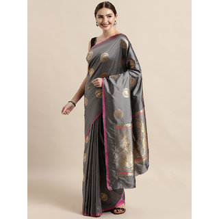                       Vastranand Grey & Gold-Toned Silk Blend Woven Design Banarasi Saree                                              