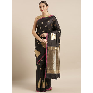                       Vastranand Black & Gold-Coloured Silk Blend Woven Design Banarasi Saree                                              