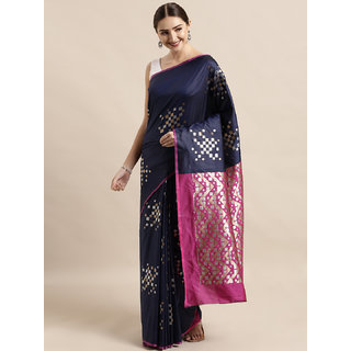                       Vastranand Navy Blue Silk Blend Woven Design Banarasi Saree                                              