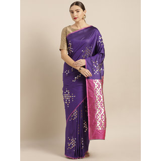                       Vastranand Purple & Silver-Toned Silk Blend Woven Design Banarasi Saree                                              
