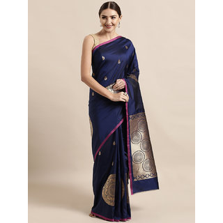                       Vastranand Navy Blue Silk Blend Woven Design Banarasi Saree                                              