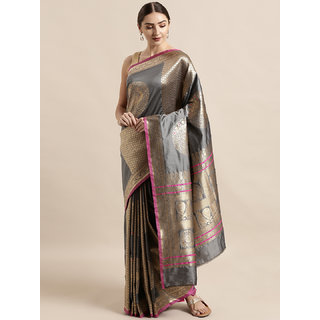                       Vastranand Grey Silk Blend Woven Design Banarasi Saree                                              