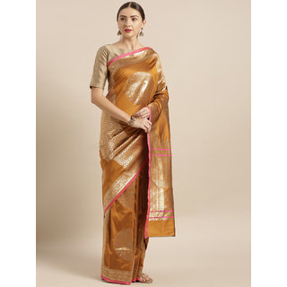                       Vastranand Mustard Yellow & Gold-Toned Silk Blend Woven Design Banarasi Saree                                              