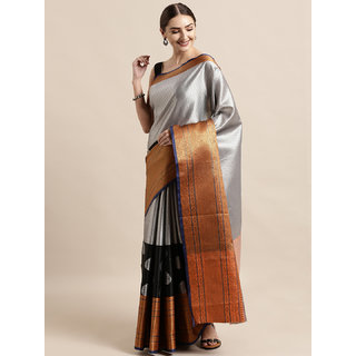                       Vastranand Silver-Coloured & Black Silk Blend Colourblocked Kanjeevaram Saree                                              