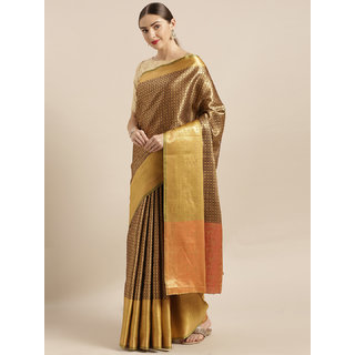                       Vastranand Brown & Gold-Coloured Silk Blend Woven Design Kanjeevaram Saree                                              