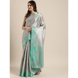Vastranand Silver-Toned & Turquoise Blue Silk Blend Woven Design Kanjeevaram Saree
