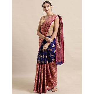                       Vastranand Navy Blue & Pink Silk Blend Woven Design Kanjeevaram Saree                                              