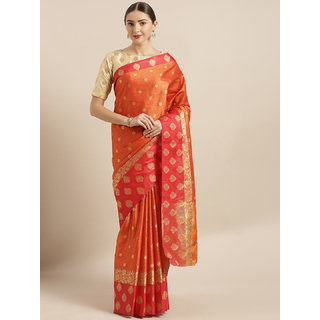                       Vastranand Orange & Red Kora Muslin Silk Blend Woven Design Kanjeevaram Saree                                              